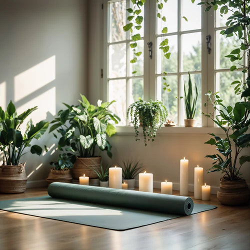 Pièce avec une belle lumière naturelle, avec un tapis de yoga et des plantes en arrière plan