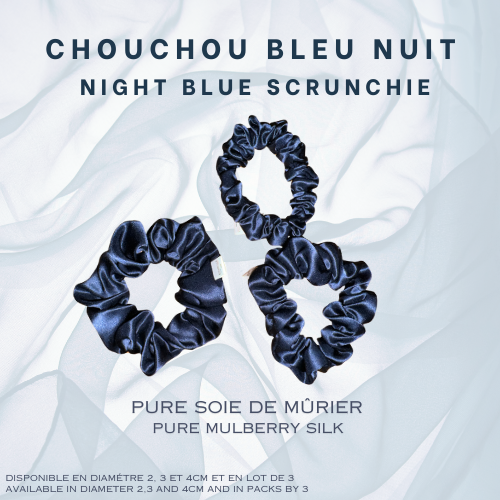 3 magnifiques chouchous en pure soie de murier couleur bleu nuit de diamètre 2, 3 et 4 cm