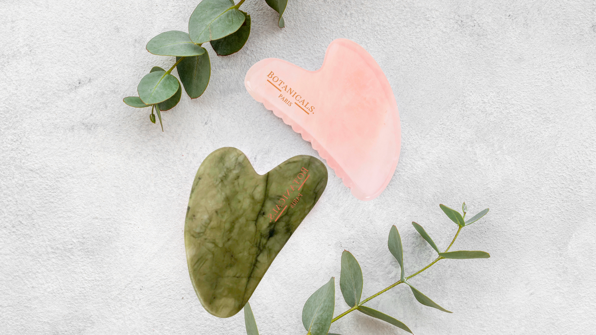 Deux Guashas, un premier en XiuYan Jade et un second à dents en Quartz rose devant un fond gris un peu poudreuse entouré par de légères feuilles.