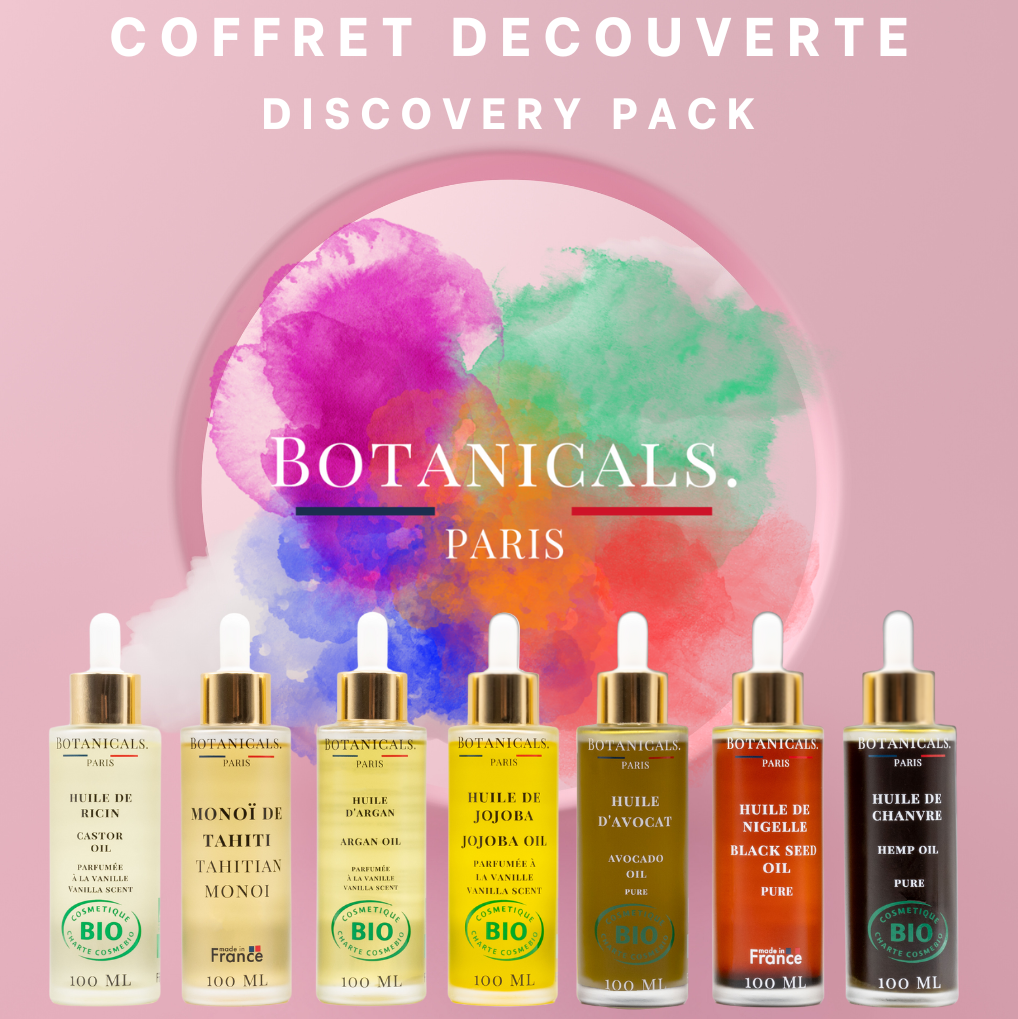 De gauche à droite, des bouteilles d'huiles végétales bio destinés à la beauté : ricin, argan, jojoba, Monoi de Tahiti, avocat, nigelle, chanvre