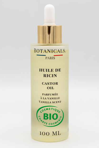 Une bouteille d'huile de ricin bio 100ml Botanicals sur fond blanc