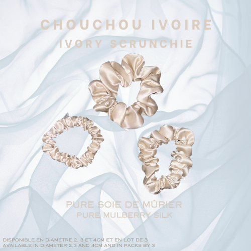 3 magnifiques chouchous en pure soie de murier couleur ivoire de diamètre 2, 3 et 4 cm