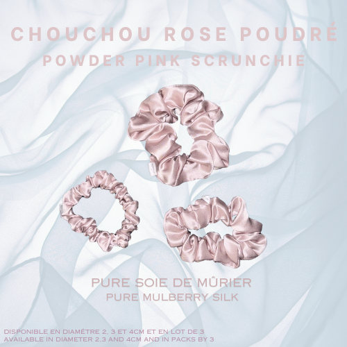 3 magnifiques chouchous en pure soie de murier couleur rose poudré de diamètre 2, 3 et 4 cm