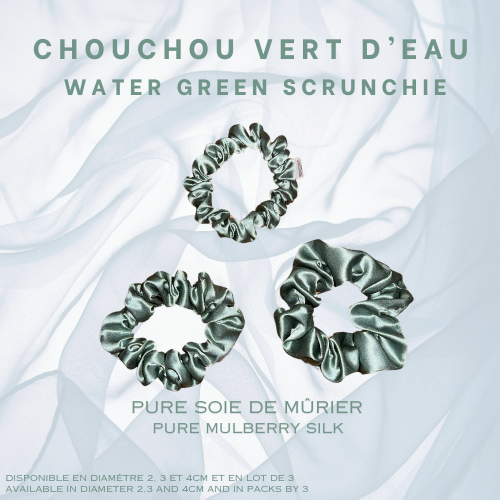 3 magnifiques chouchous en pure soie de murier couleur vert d'eau de diamètre 2, 3 et 4 cm