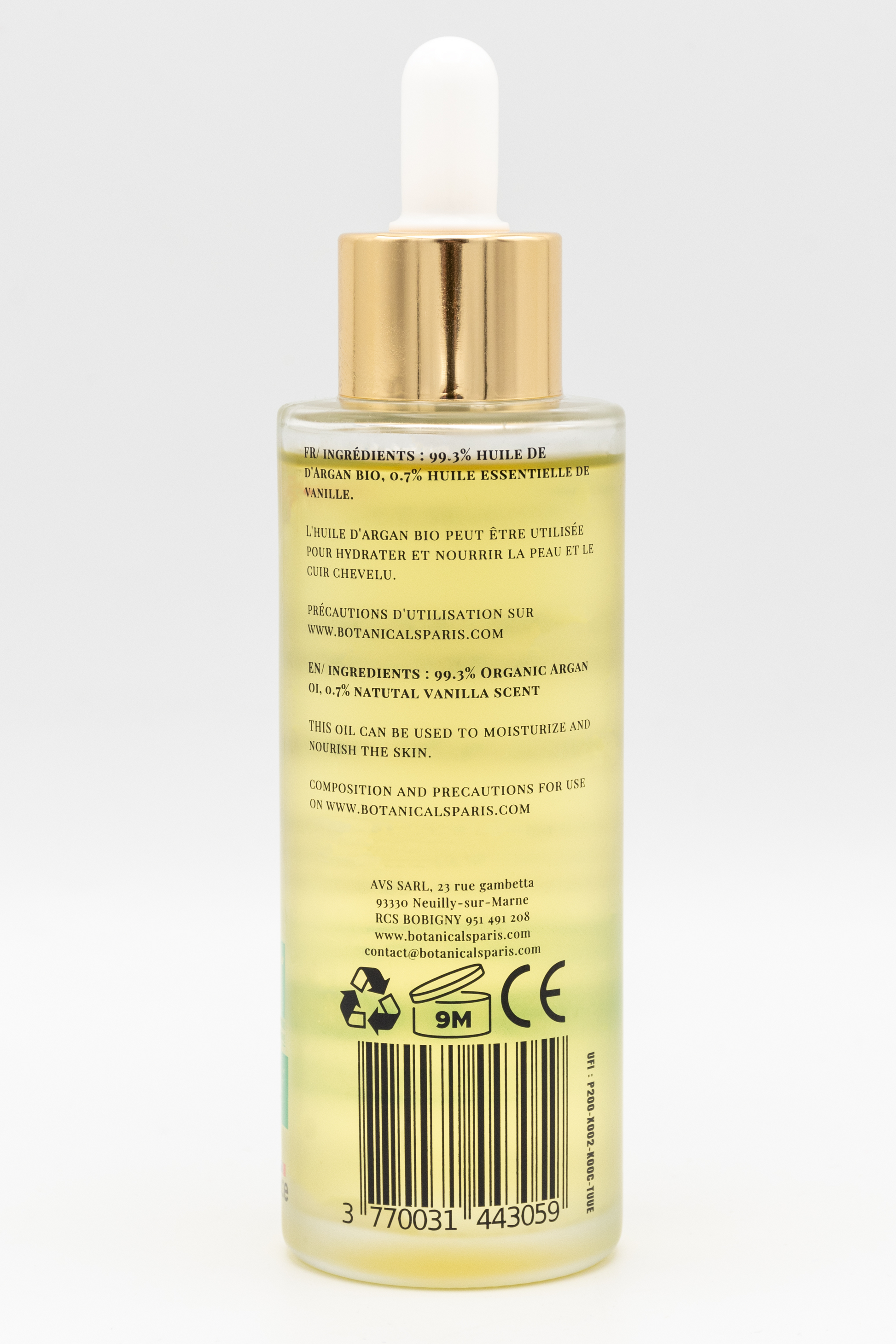 Une bouteille d'huile d'argan bio 100ml Botanicals de dos sur fond blanc