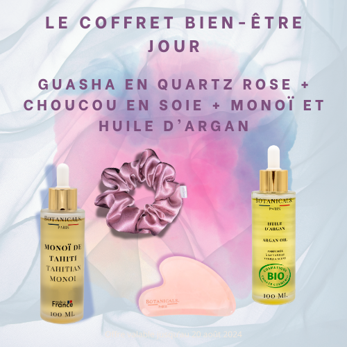 de gauche à droite on retrouve : une bouteille de monoï de Tahiti enrichi à l'huile de coco en 100ml, un chouchou en soie d murier rose, un guasha en quartz rose et enfin, une bouteille d'huile d'argon bio en 100ml